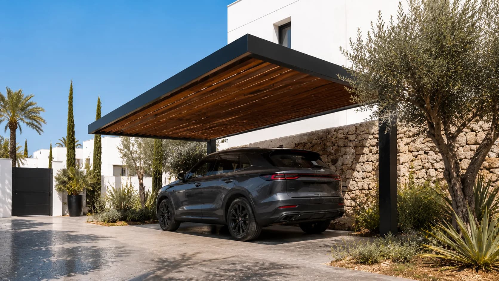 Abri de voiture moderne réalisé par EBM à côté d'une villa.