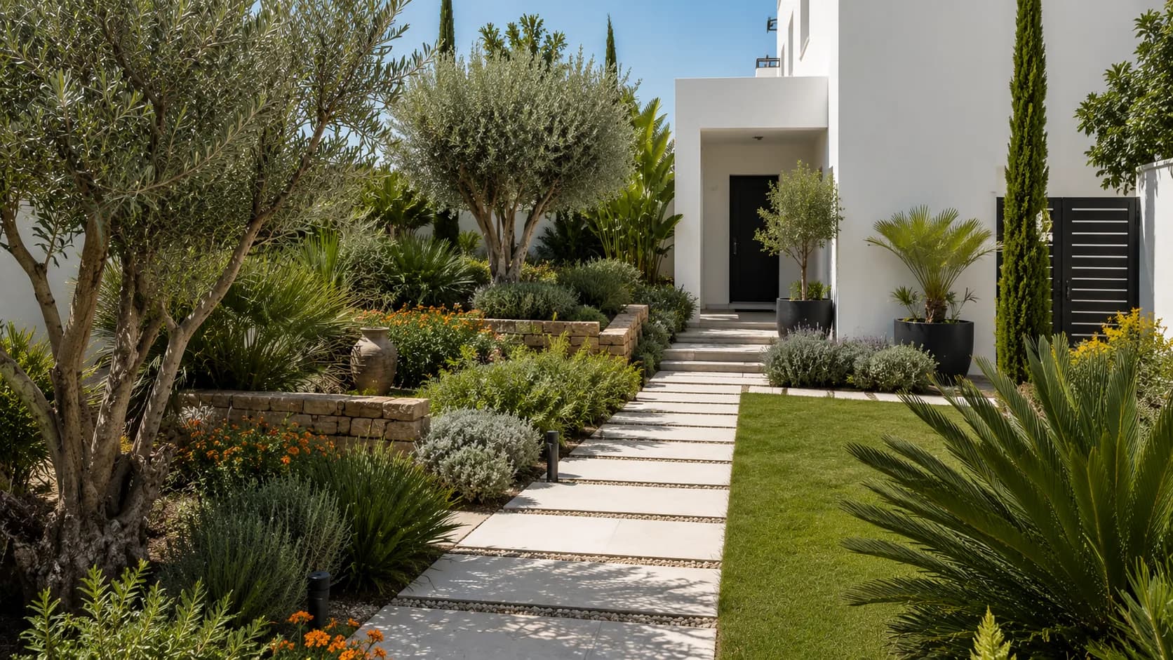Jardin paysager aménagé par EBM : plantations et cheminements.