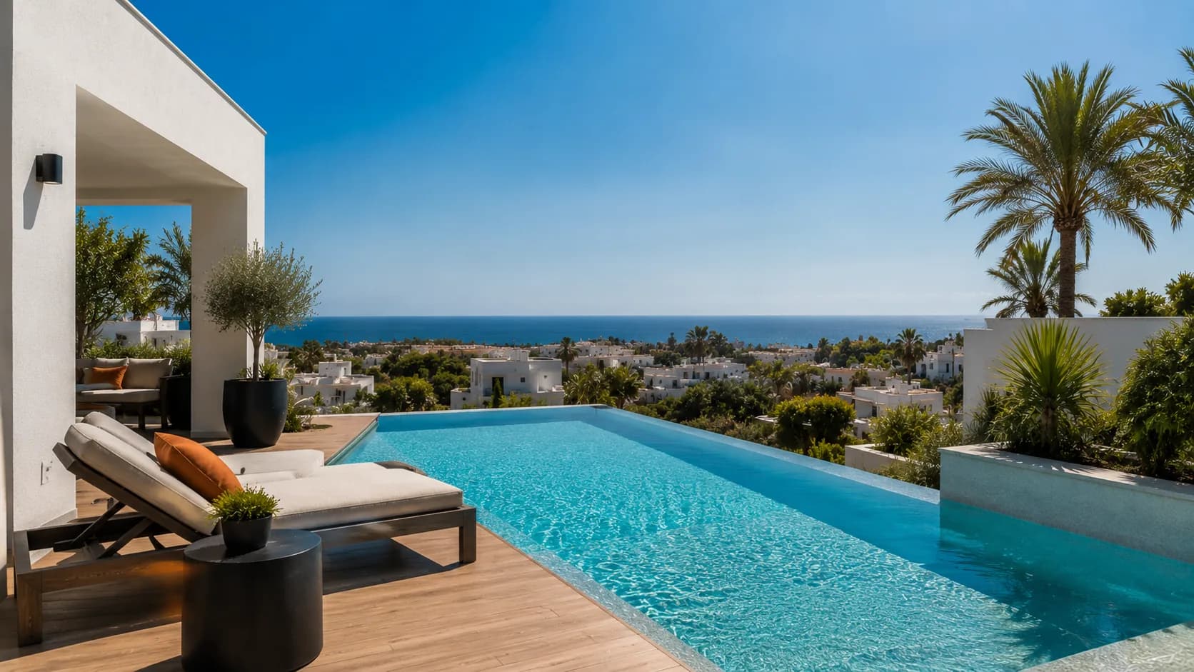 Piscine construite par EBM dans une villa, plage et eau turquoise.