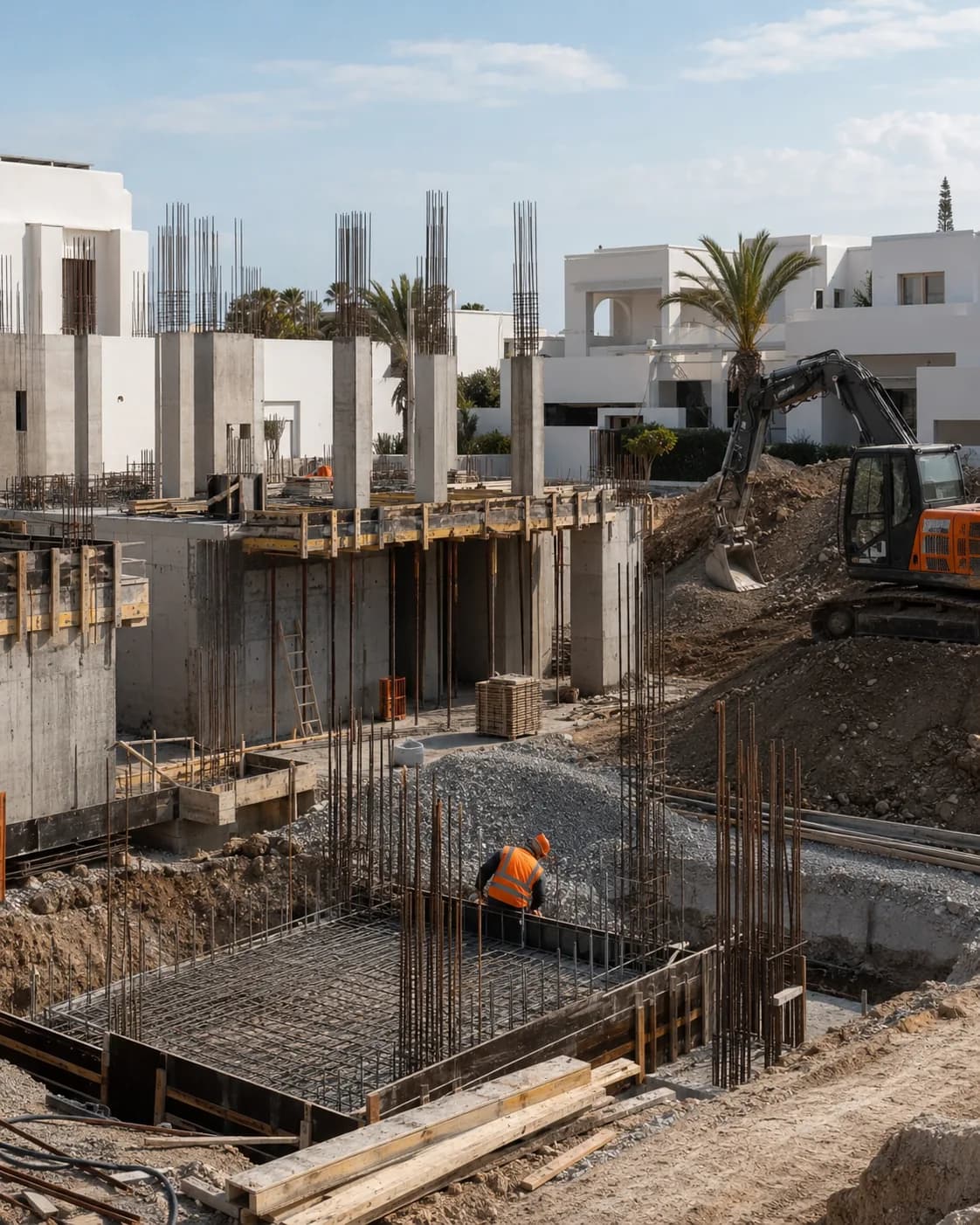 Fondations et gros œuvre d'une villa : béton armé et structure.