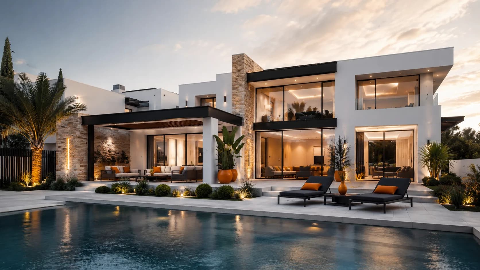 Villa moderne construite par EBM Ben Mokhtar en Tunisie, façade épurée et grandes ouvertures.