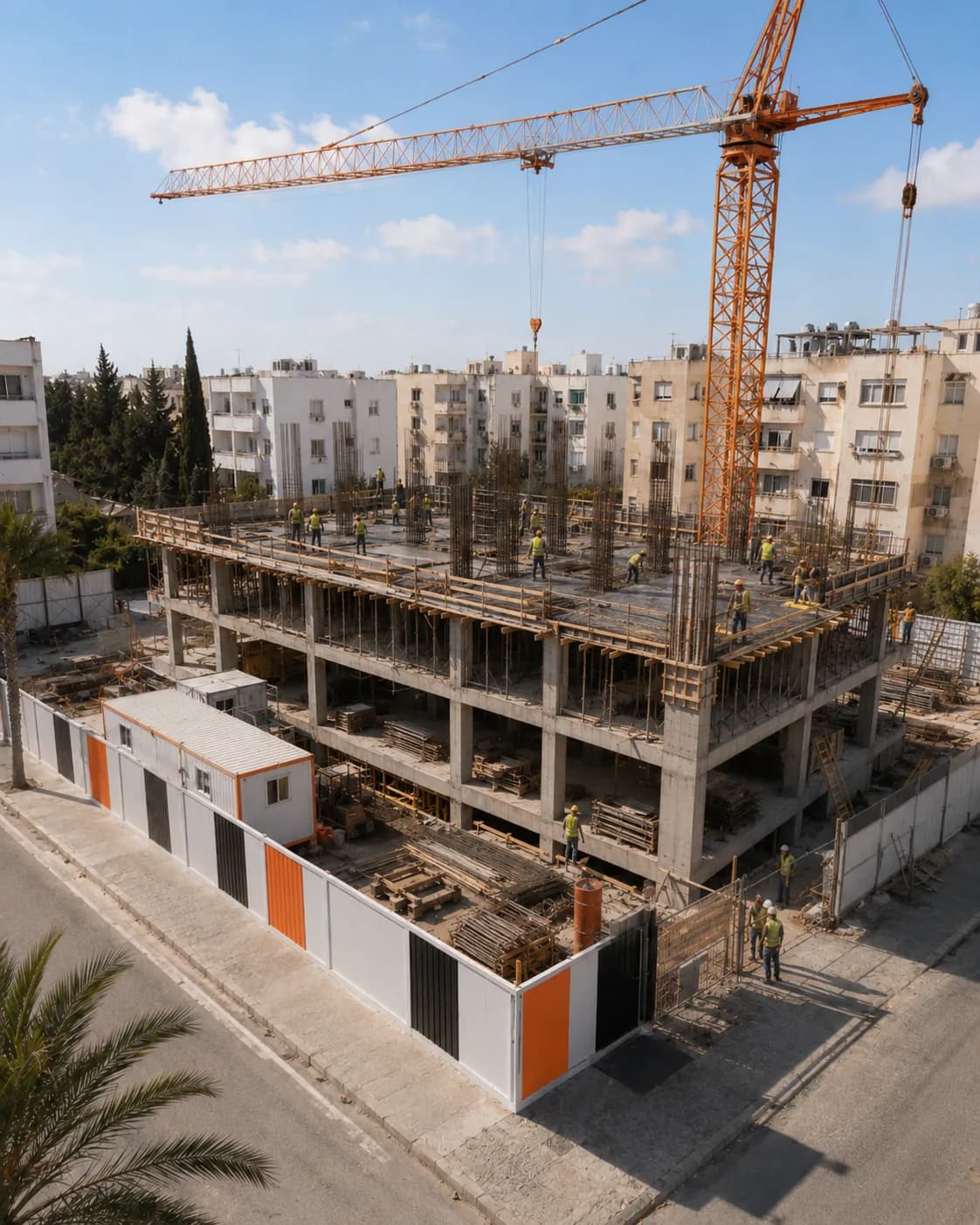 Structure béton armé multi-niveaux d'une résidence en construction.
