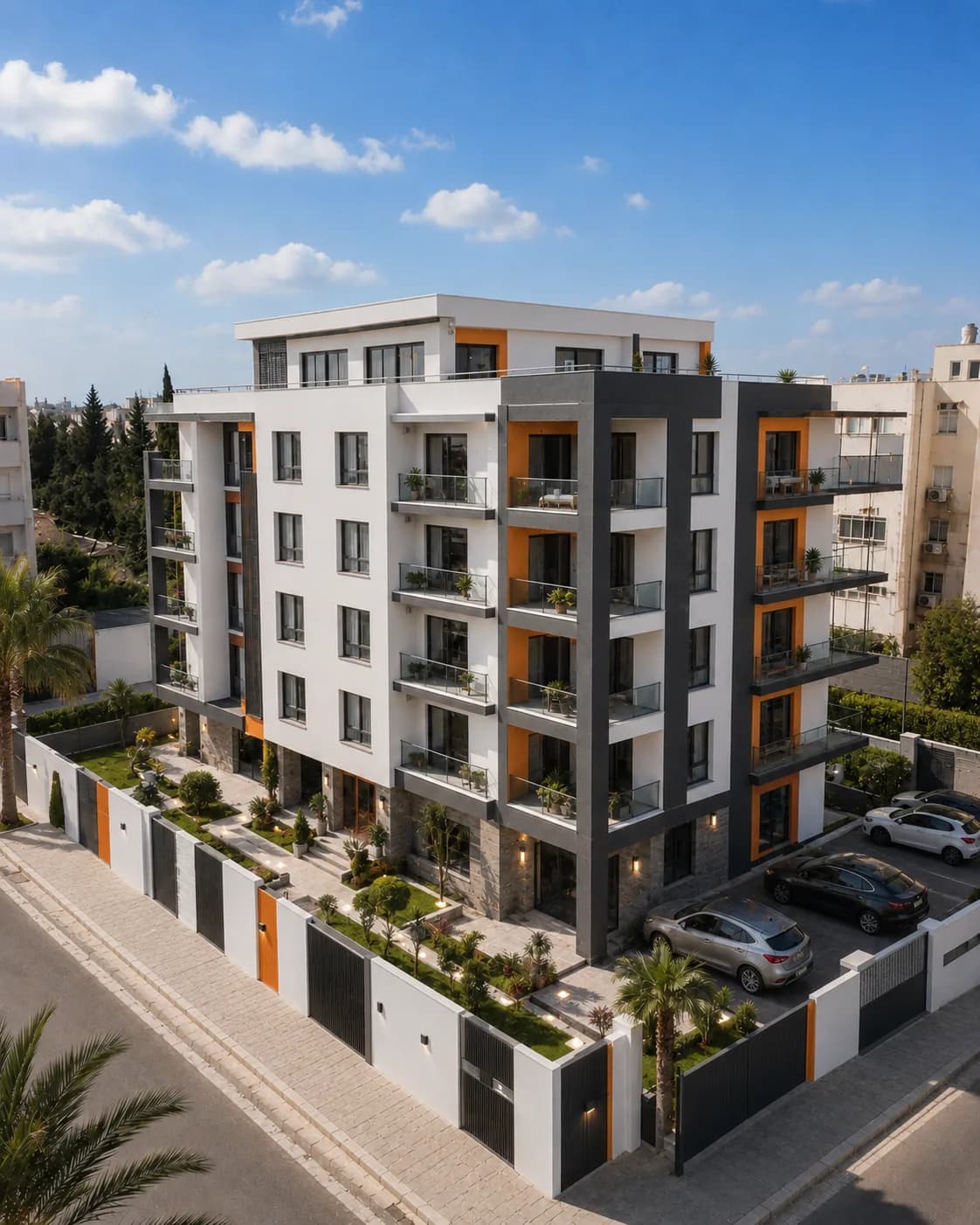 Complexe résidentiel achevé avec aménagements extérieurs.