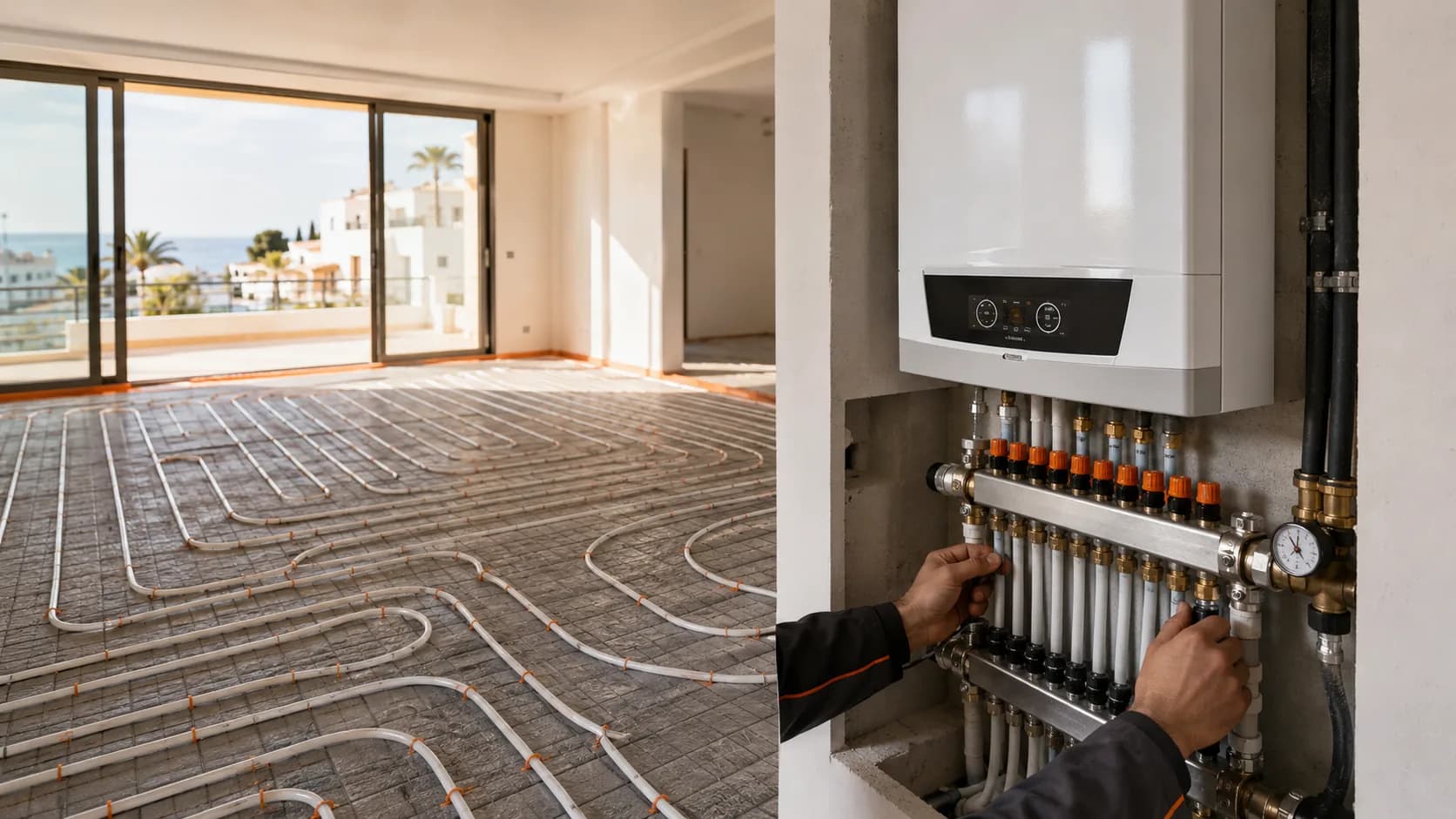 Installation de chauffage par EBM : chaudière et réseau de distribution.