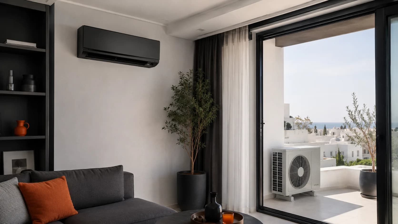 Installation de climatisation par EBM : unité intérieure et groupe extérieur.