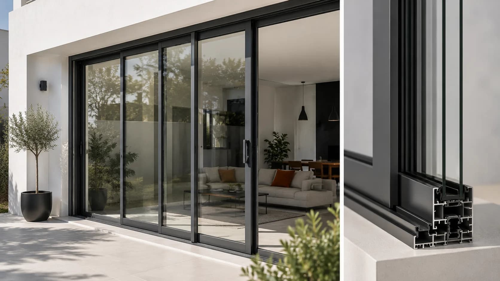 Menuiseries aluminium posées par EBM : baies coulissantes contemporaines.