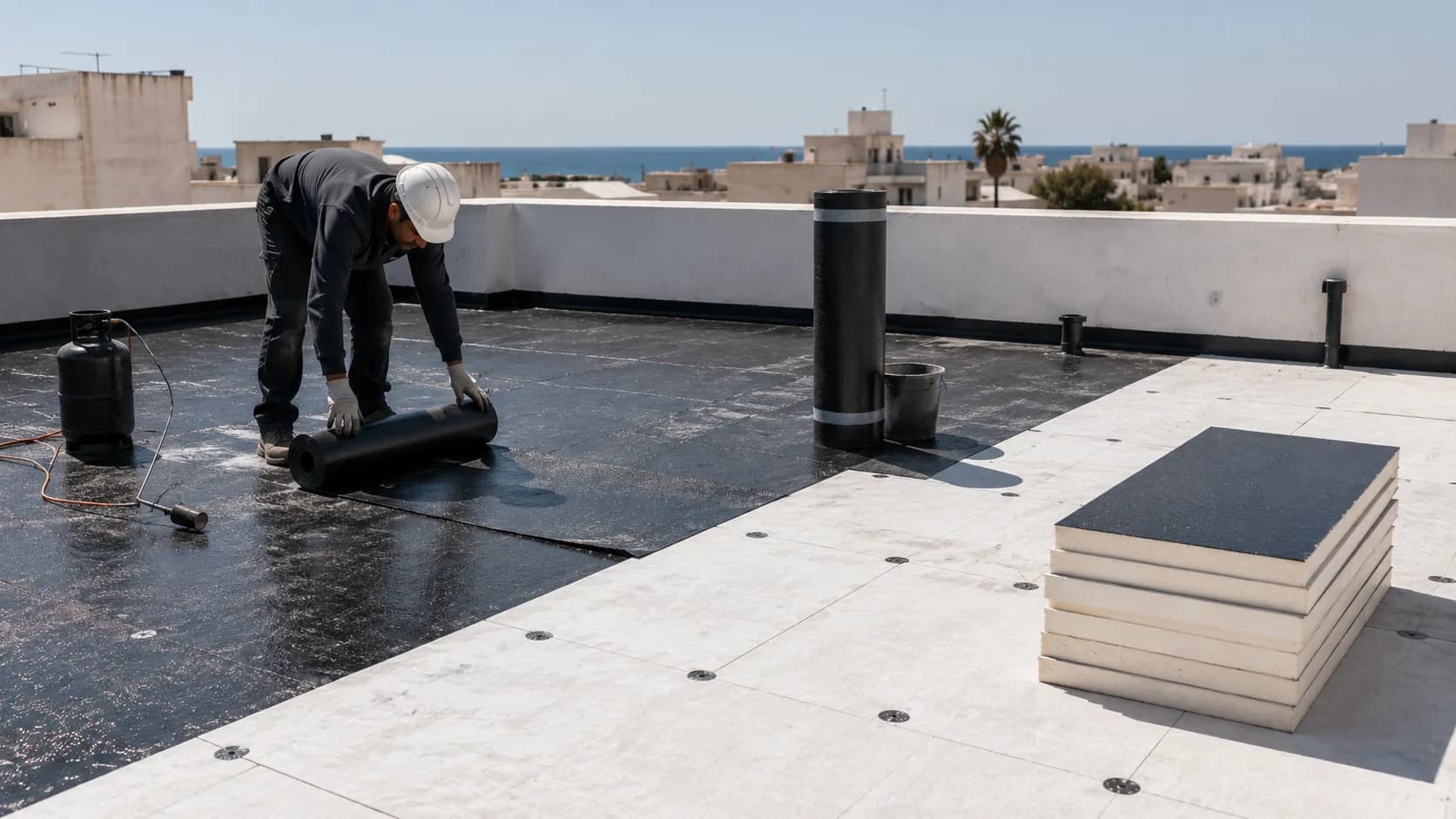 Travaux d'étanchéité et d'isolation réalisés par EBM sur chantier.