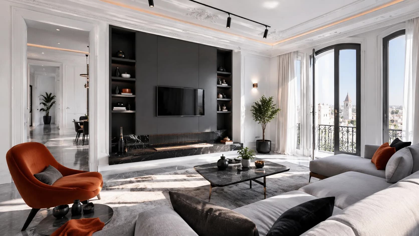 Intérieur d'appartement rénové par EBM : finitions modernes et lumineuses.
