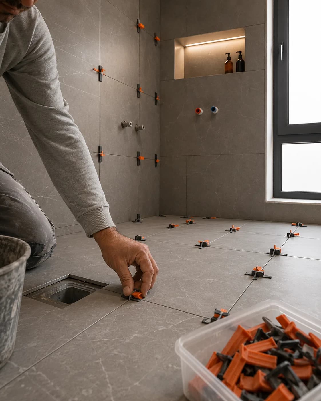Pose précise du carrelage et de la faïence en salle de bain.