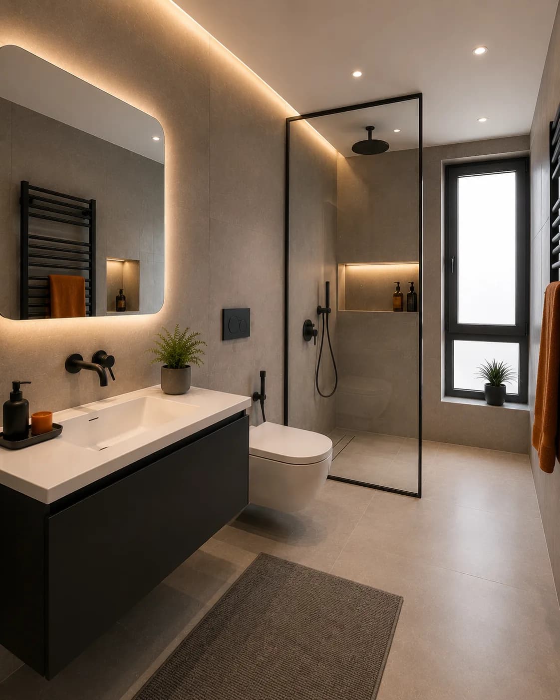 Salle de bain rénovée, fonctionnelle et élégante.