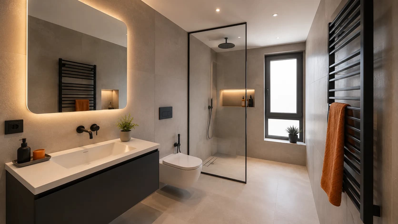 Salle de bain rénovée par EBM : douche à l'italienne et grands carreaux.
